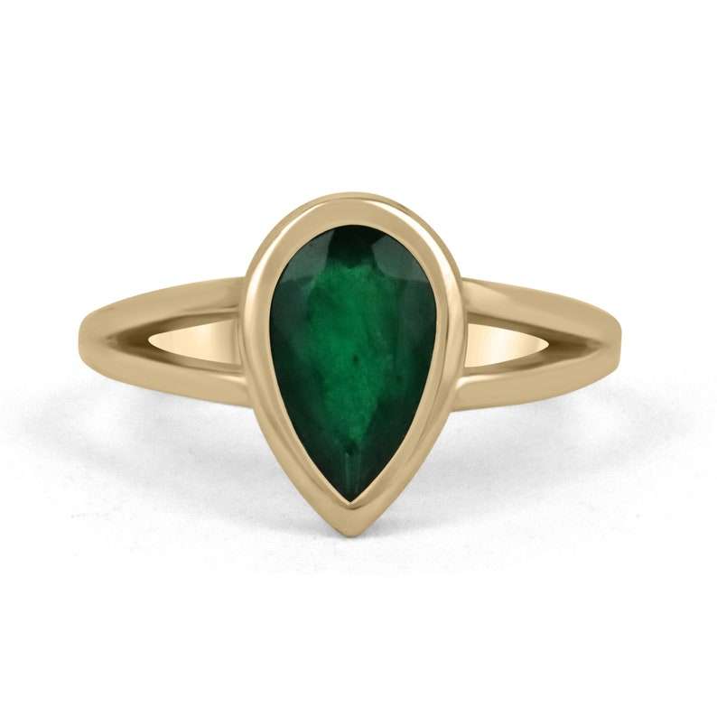 1.10 Carat Natural Dark Green Pear Cut Emerald Split Shank Solitaire Ring 14K