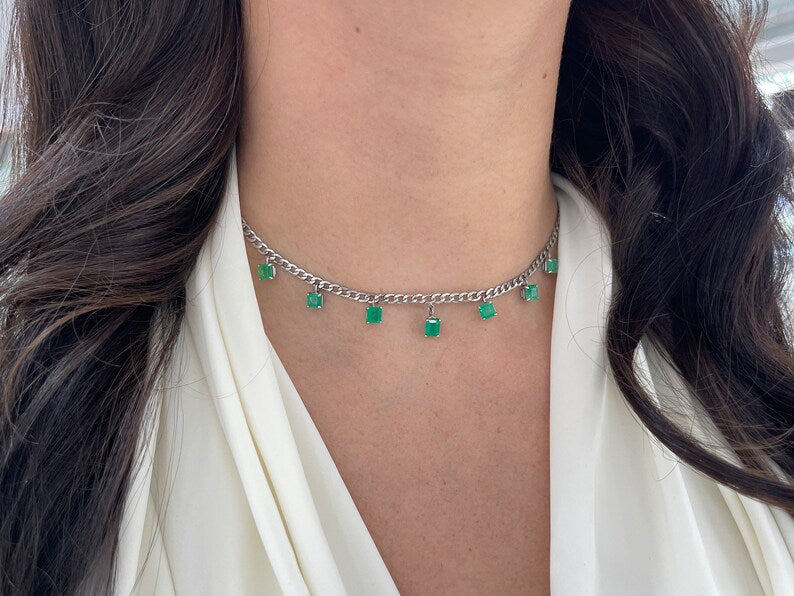 5.52tcw 14K White Gold Chain Fringe Emerald Asscher Cut Multi-Gemstone By the Yard Necklace - JR Colombian Emeralds