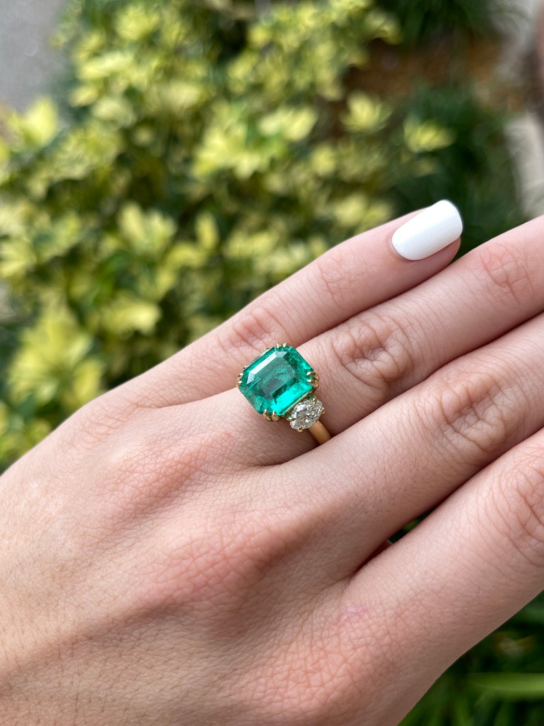 6.59tcw 18K Fine Quality Dark Vivid Bluish-Green Emerald & Marquise 3 Stone Diamond Ring