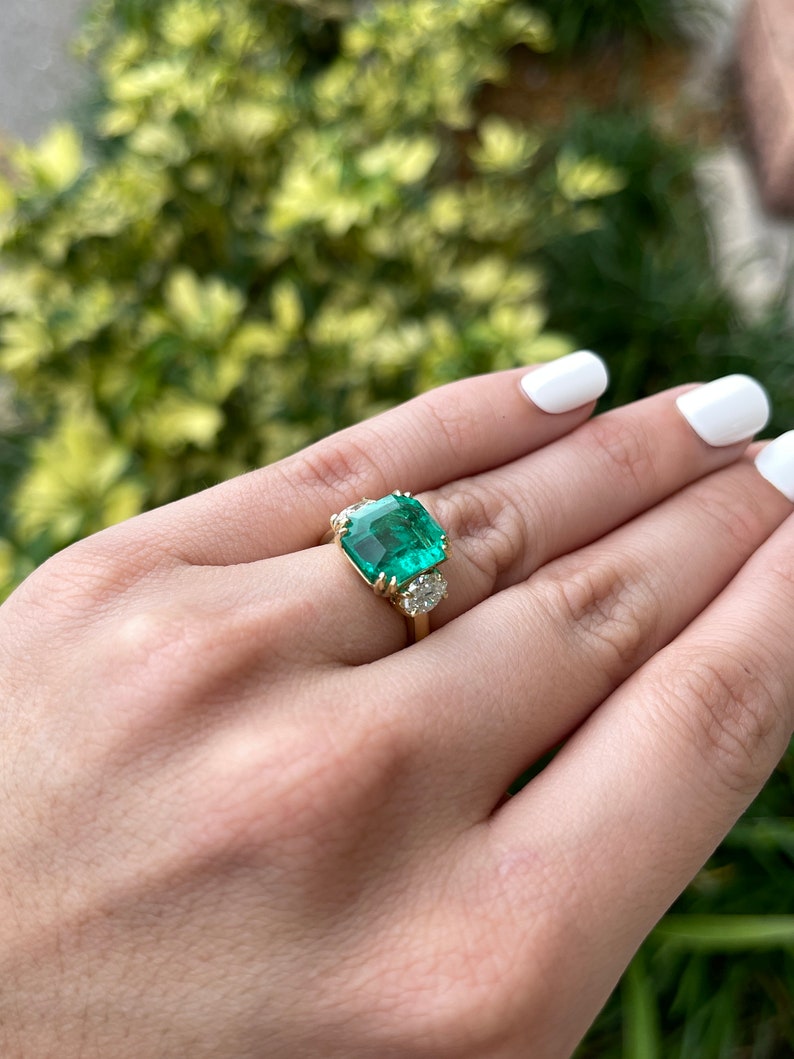 6.59tcw 18K Fine Quality Dark Vivid Bluish-Green Emerald & Marquise 3 Stone Diamond Ring