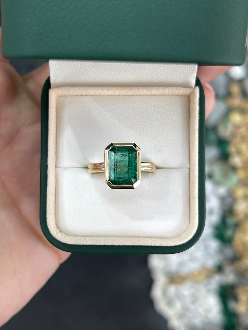 4.45ct 14K Natural Vertical Emerald Bezel Solitaire Split Shank Gold Anniversary Engagement Ring