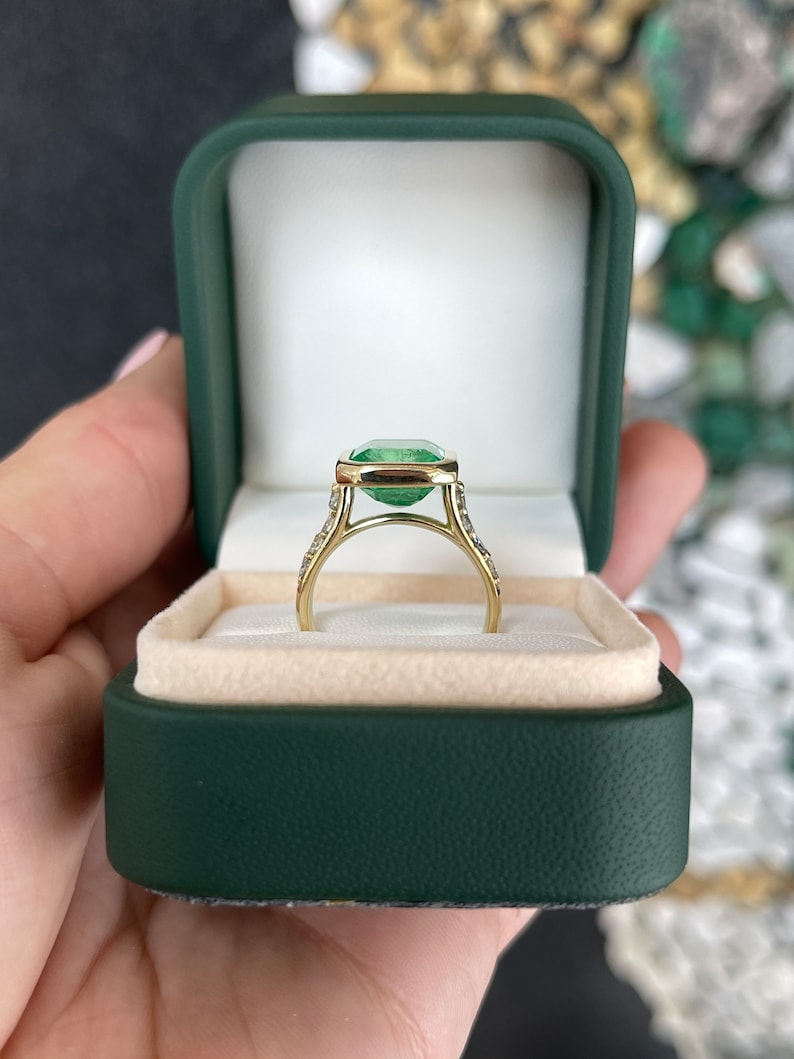5.50tcw 18K AAA Emerald & Diamond Bezel Set Shank Solitaire With Accents Engagement Ring