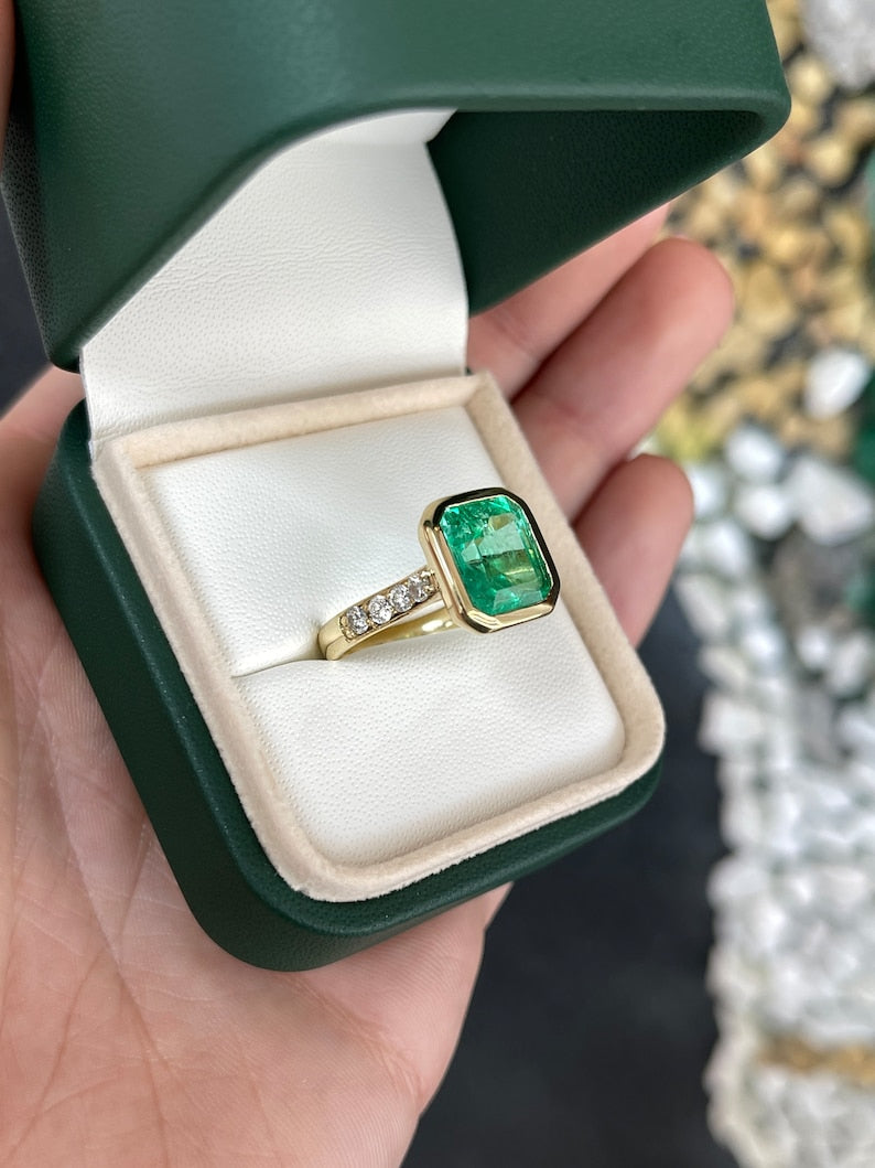 5.50tcw 18K AAA Emerald & Diamond Bezel Set Shank Solitaire With Accents Engagement Ring - JR Colombian Emeralds