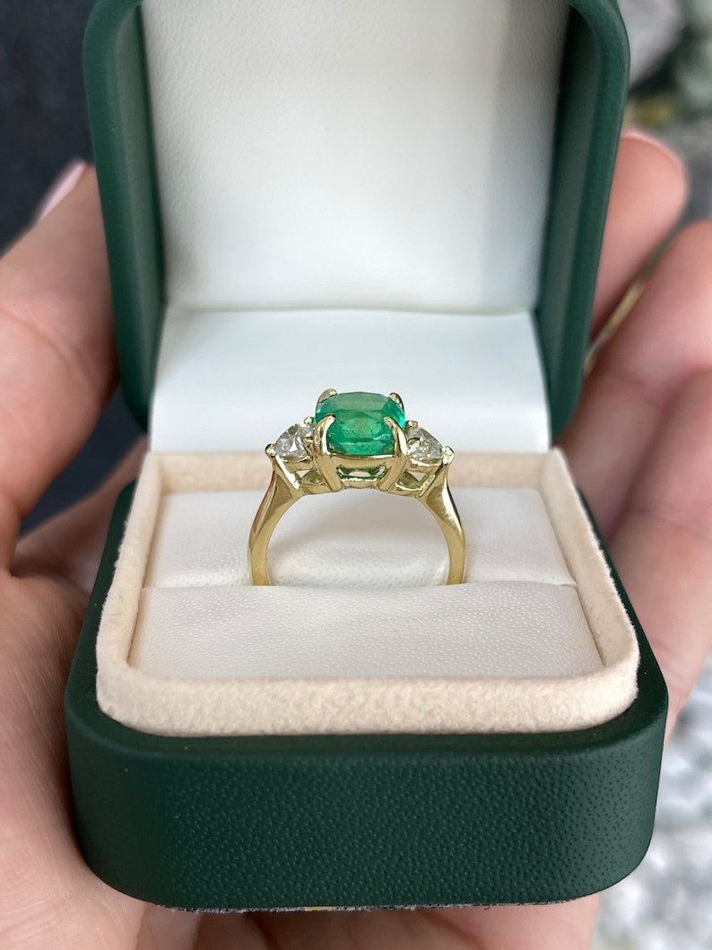 3.54tcw Vivid Colombian Cushion Emerald & Heart Romantic Diamond Engagement Ring 18K - JR Colombian Emeralds