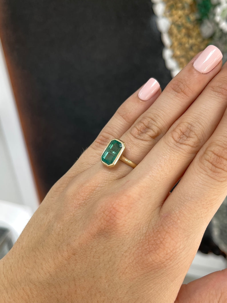 4.76ct 14K Bluish Green Elongated Emerald Bezel Stackable Solitaire Anniversary Engagement Ring - JR Colombian Emeralds