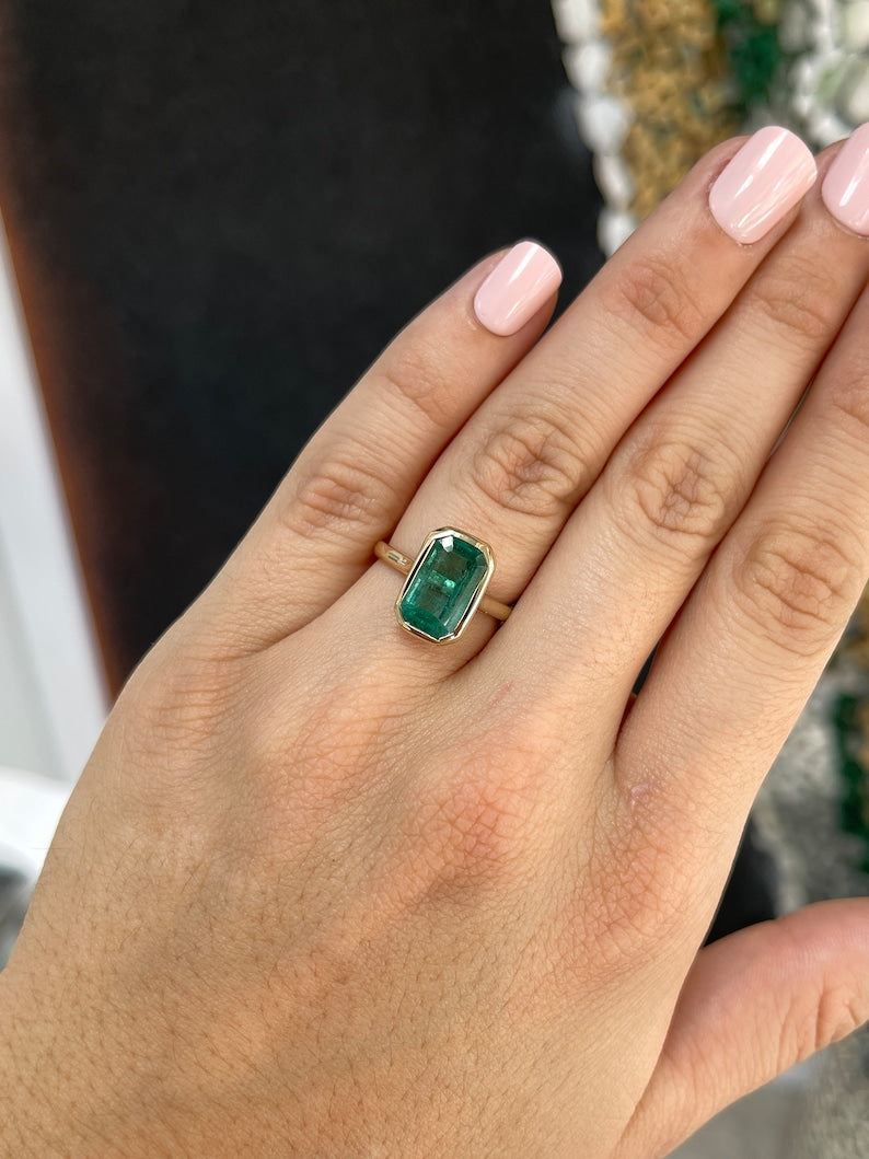 4.76ct 14K Bluish Green Elongated Emerald Bezel Stackable Solitaire Anniversary Engagement Ring - JR Colombian Emeralds