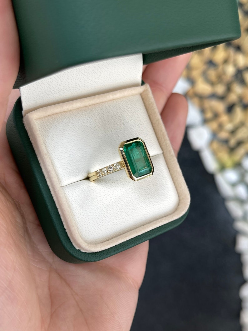 3.85tcw 18K Real Deep Dark Elongated Emerald Cut & Diamond Accent Yellow Gold Engagement Ring - JR Colombian Emeralds