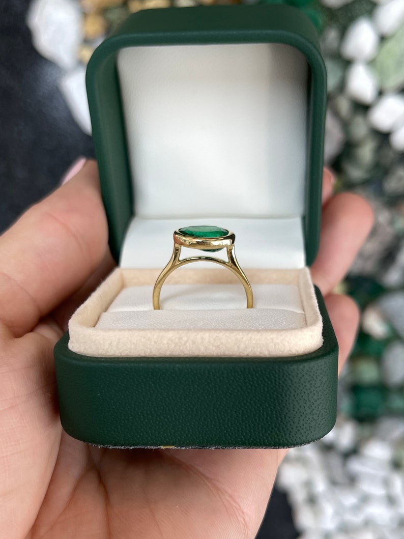 2.75ct 18K East To West Oval Dark Vivid Green Emerald Solitaire Stackable Bezel Yellow Gold Promise Ring - JR Colombian Emeralds