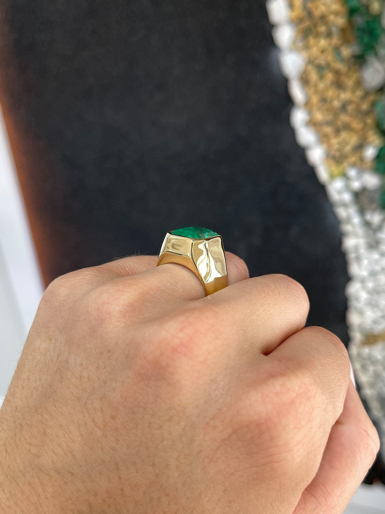 8.51ct 18K AAA Top Huge Bezel Set Mens Emerald Solitaire Gold Signet Pinky Gypsy Ring