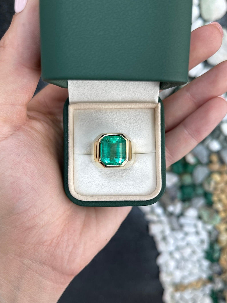 8.51ct 18K AAA Top Huge Bezel Set Mens Emerald Solitaire Gold Signet Pinky Gypsy Ring - JR Colombian Emeralds