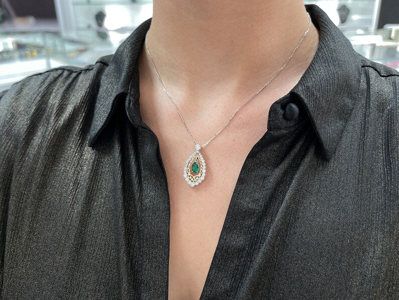 1.43tcw 14K Pear Vintage Teardrop Emerald & Diamond Two Toned Statement Halo Floating Pendant Necklace
