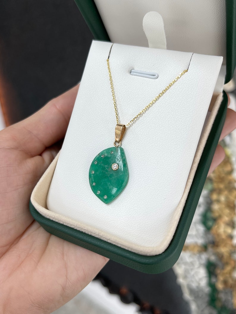 17.04tcw 14K Natural Raw Emerald Slice & Diamond Accent Rough Gold Pendant Necklace - JR Colombian Emeralds