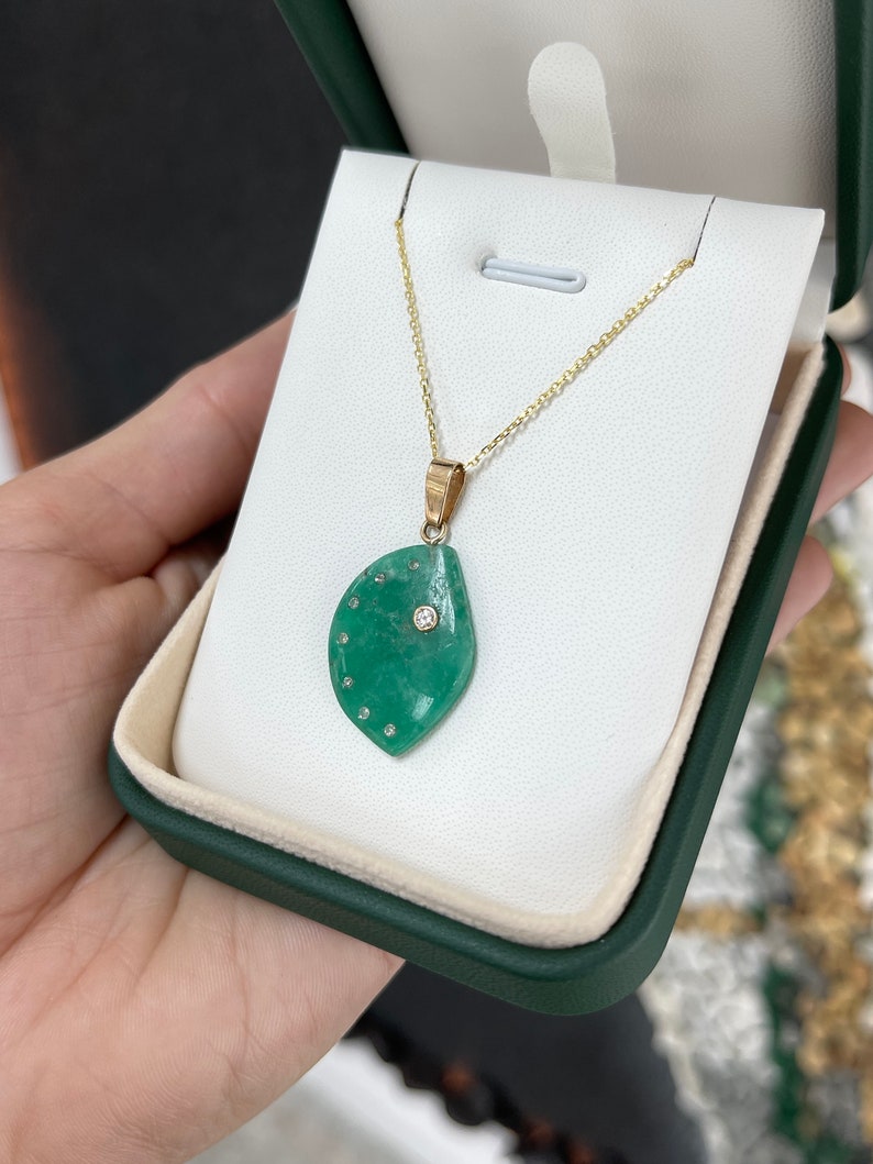 17.04tcw 14K Natural Raw Emerald Slice & Diamond Accent Rough Gold Pendant Necklace