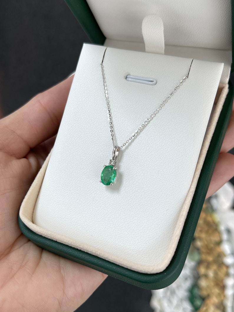 1.30tcw 14K Natural Emerald-Oval Cut & Diamond Accent White Gold Pendant Necklace