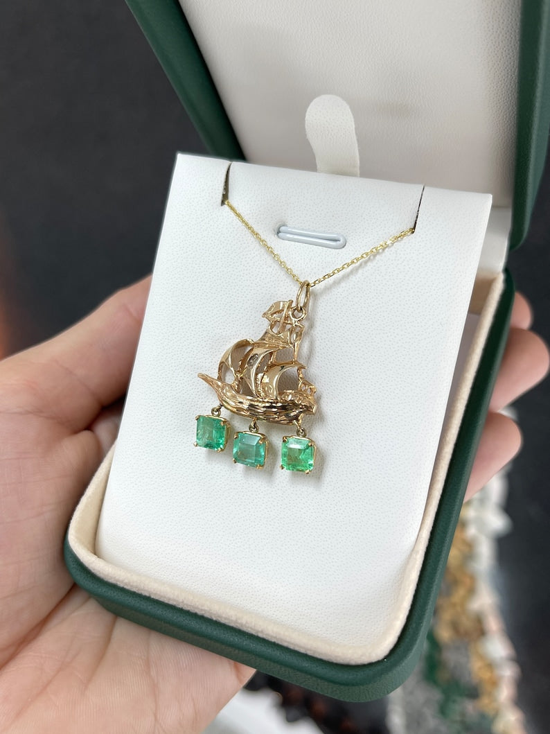 2.95tcw 14K Colombian Emerald & Diamond Pirate Sailor Gold Boat Pendant Necklaces