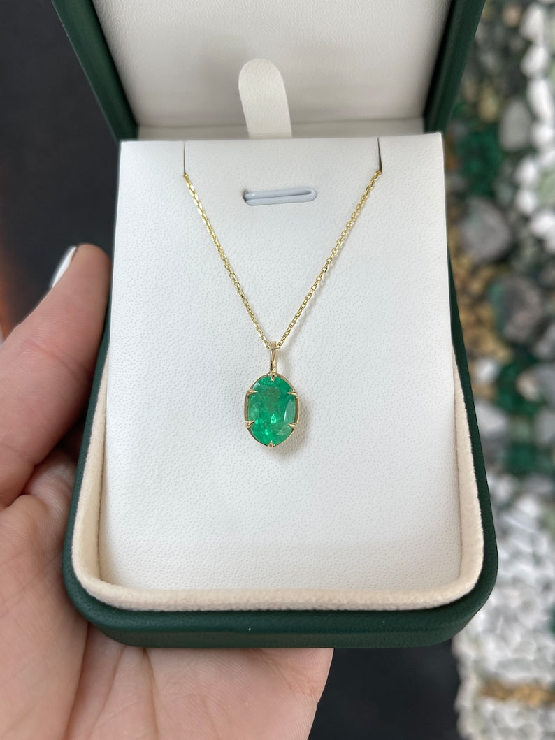 Emerald Solitaire Oval 6-Claw Prong Gold Necklace 