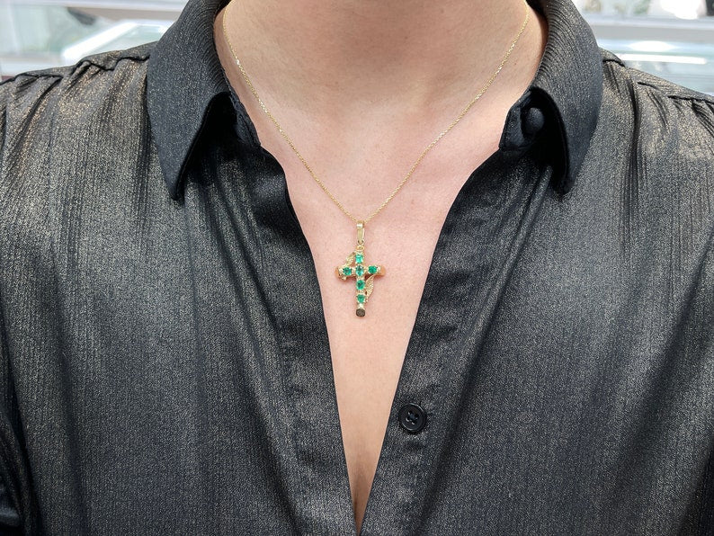 Medium Dark Green Emerald Unisex Cross Pendant