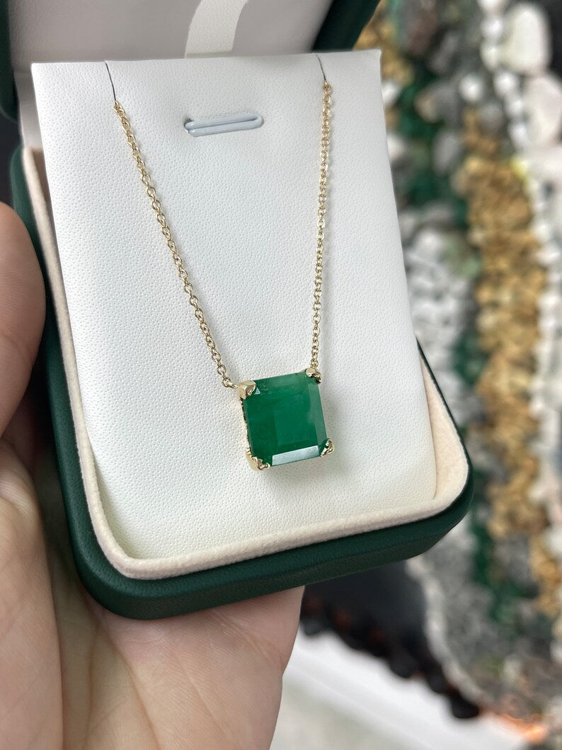 10.50 Carat 14K Gold Deep Green Large 14x14 Solitaire Square Emerald Stationary Anniversary Necklace - JR Colombian Emeralds