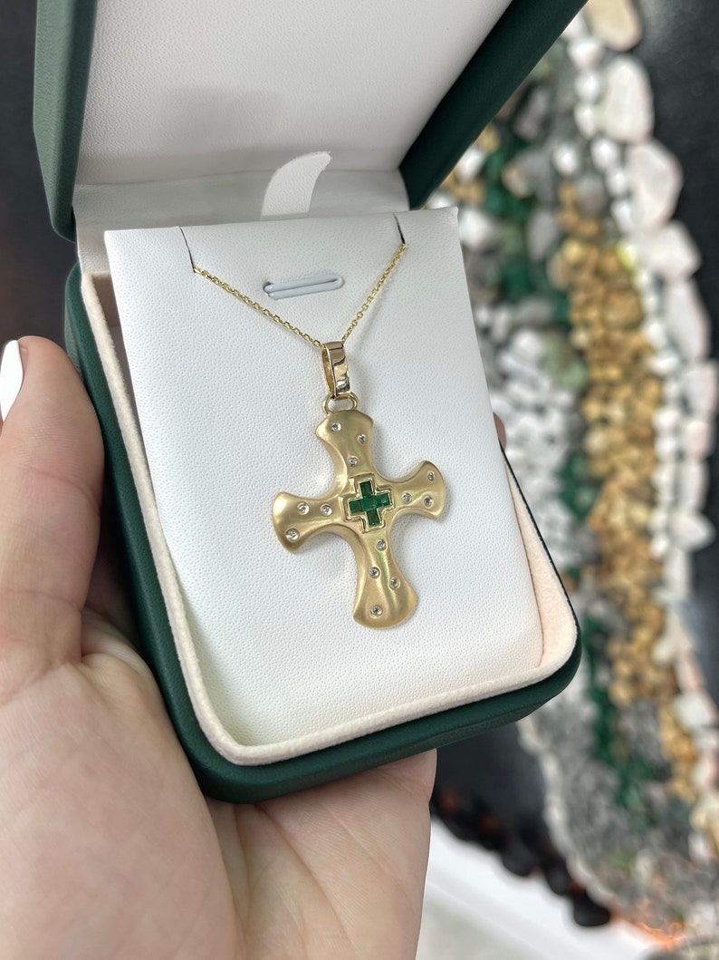 0.45tcw 14K Emerald Asscher Cut & Diamond Accent Cross Brushed Gold Finish Unisex Pendant Necklace - JR Colombian Emeralds