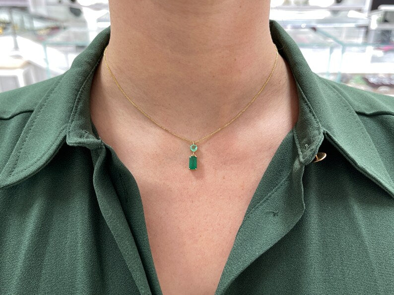 2.14tcw 14K Gold Vertical Emerald Cut and Round Dangle 4 Prong Pendant Necklace - JR Colombian Emeralds