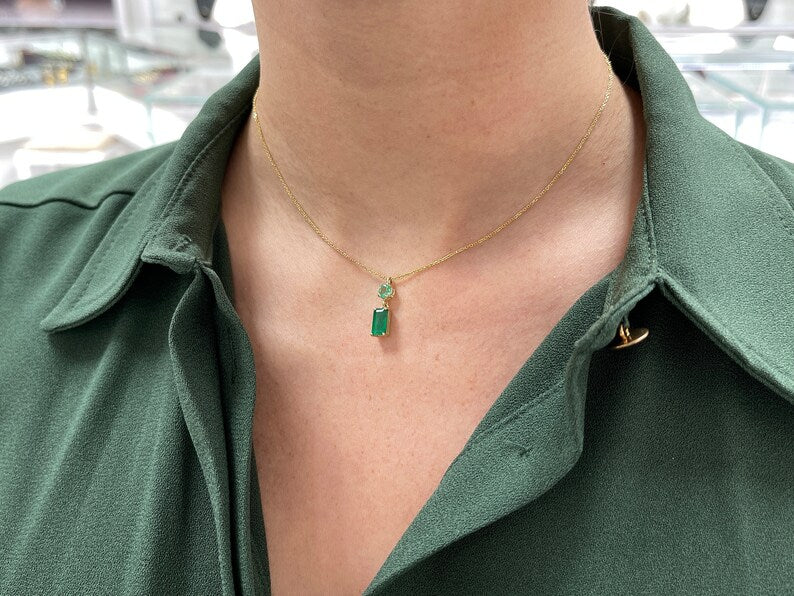 2.14tcw 14K Gold Vertical Emerald Cut and Round Dangle 4 Prong Pendant Necklace - JR Colombian Emeralds