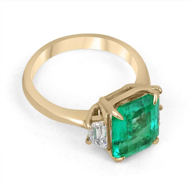 AAA Quality Colombian Emerald Engagement Ring with Trapezoid Diamonds