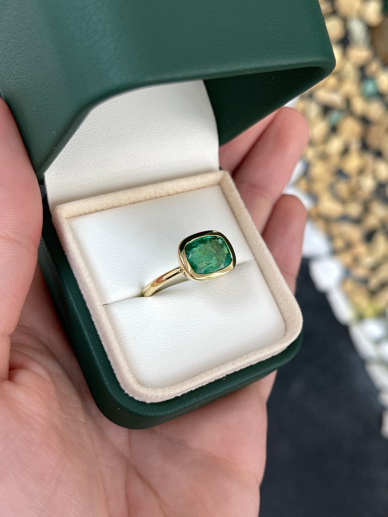 3.48ct 18K Vivid Green Horizontal Contemporary East To West Bezel Cushion Emerald Engagement  Ring - JR Colombian Emeralds