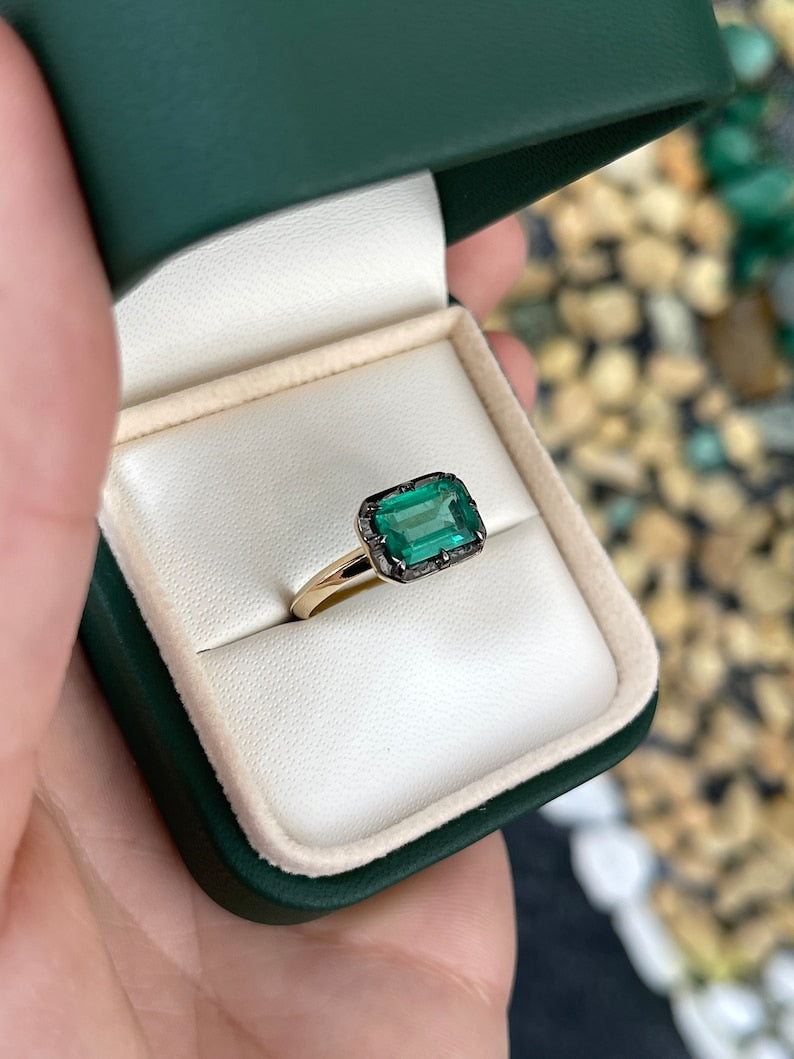 1.85ct 14K Emerald Cut Georgian Style Bluish Green Collet Solitaire East to West 8 Prong Ring - JR Colombian Emeralds