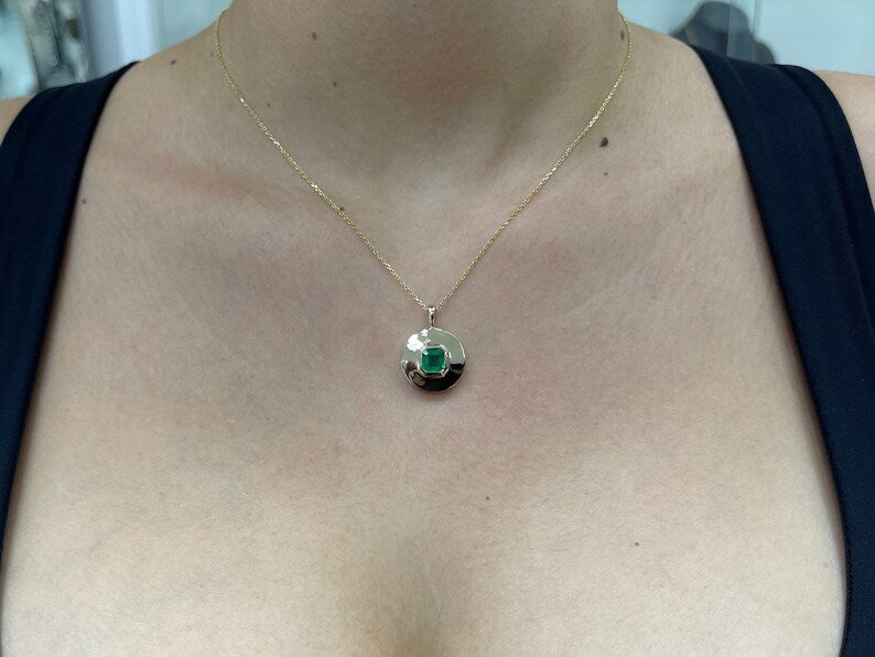 1.15ct 14K Dark Rich Green Natural Solitaire Asscher Emerald Cut Pendant Necklace