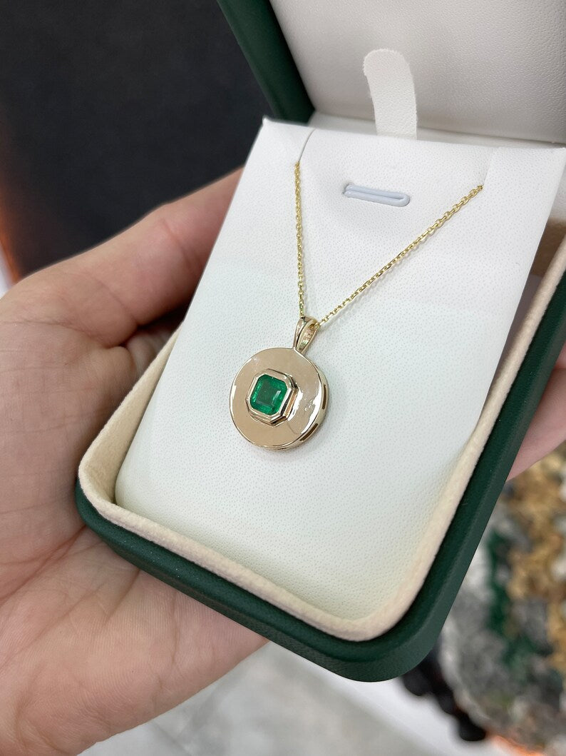 1.15ct 14K Dark Rich Green Natural Solitaire Asscher Emerald Cut Pendant Necklace - JR Colombian Emeralds