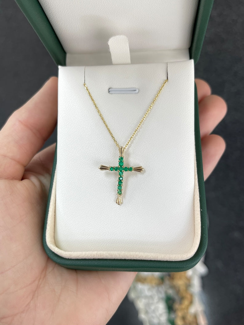 Dark Vivid Green Emerald Cross Necklace 18K 
