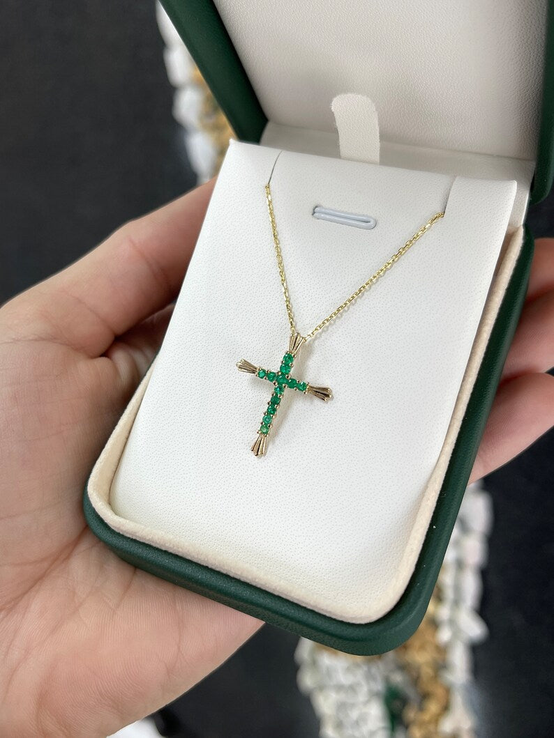 0.95tcw Zambian Emerald Bluish Green Religious Cross Pendant 18K - JR Colombian Emeralds