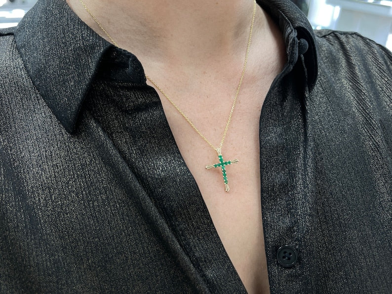 0.95tcw Zambian Emerald Bluish Green Religious Cross Pendant 18K - JR Colombian Emeralds