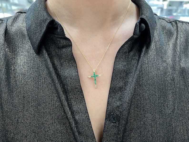 0.95tcw Zambian Emerald Bluish Green Religious Cross Pendant 18K - JR Colombian Emeralds