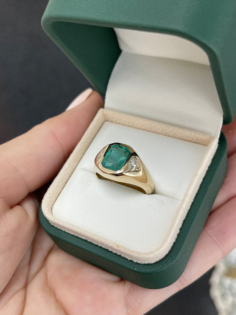 3.09tcw 14K Emerald & Diamond Marquise Cut 3 Stone Deep Bluish Green Right Hand Ring