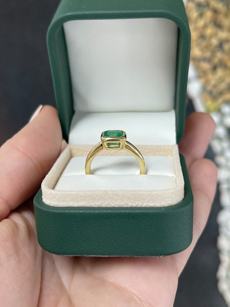 1.20ct 18K Gold Natural Emerald Cut Solitaire Bezel Engagement Ring - JR Colombian Emeralds