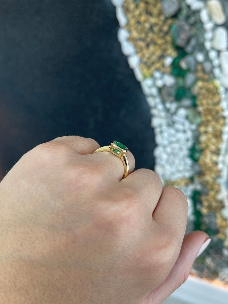 1.20ct 18K Gold Natural Emerald Cut Solitaire Bezel Engagement Ring
