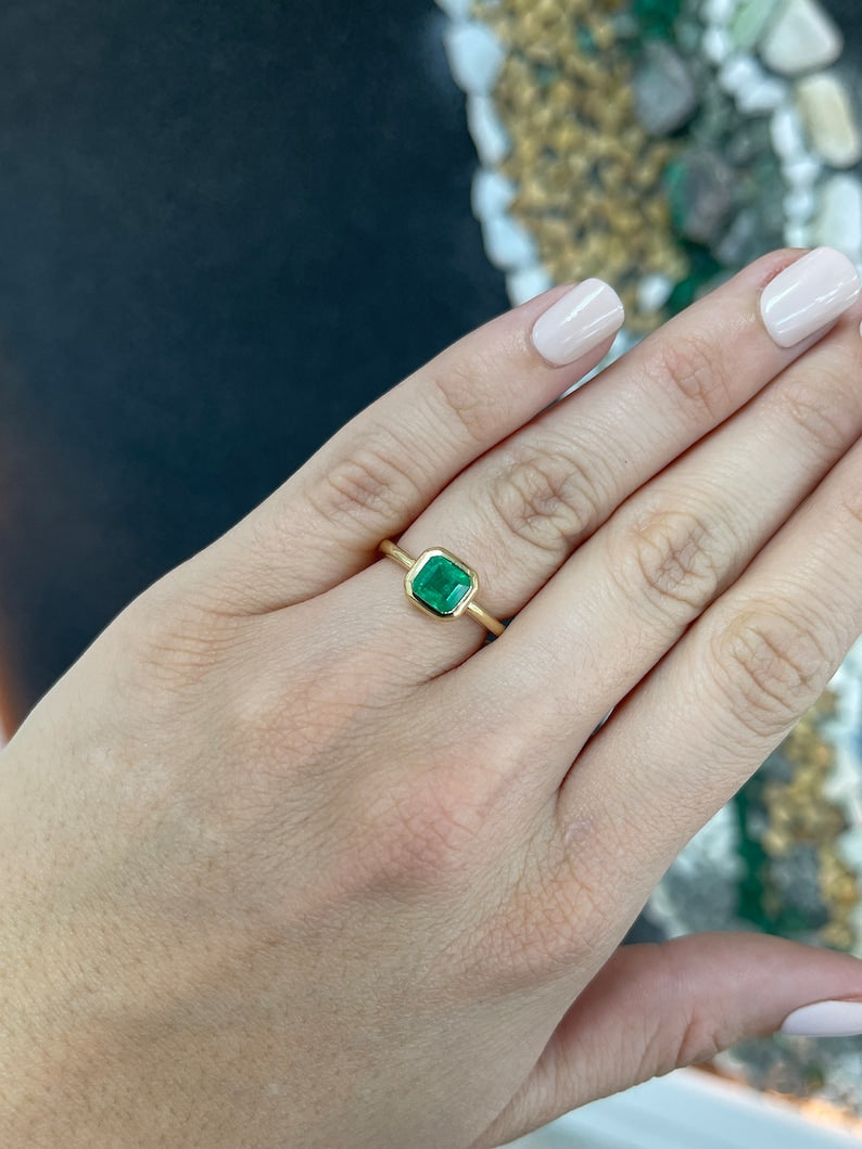1.20ct 18K Gold Natural Emerald Cut Solitaire Bezel Engagement Ring