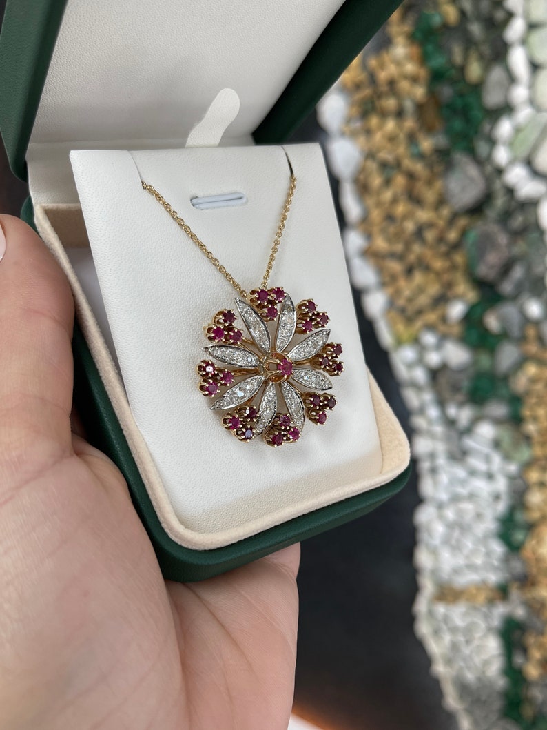 4.84tcw 14K Vintage Victorian 1980's Old Mine Ruby Emerald Diamond Brooch in Solid Gold Pendant