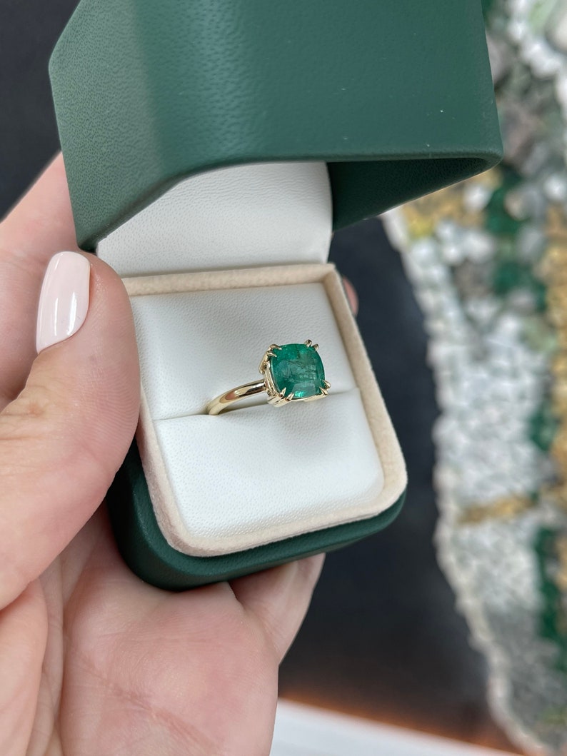 3.65ct 14K Solitaire Medium Dark Green 4 Double Claw Prong Set Cushion Cut Emerald Engagement Ring - JR Colombian Emeralds