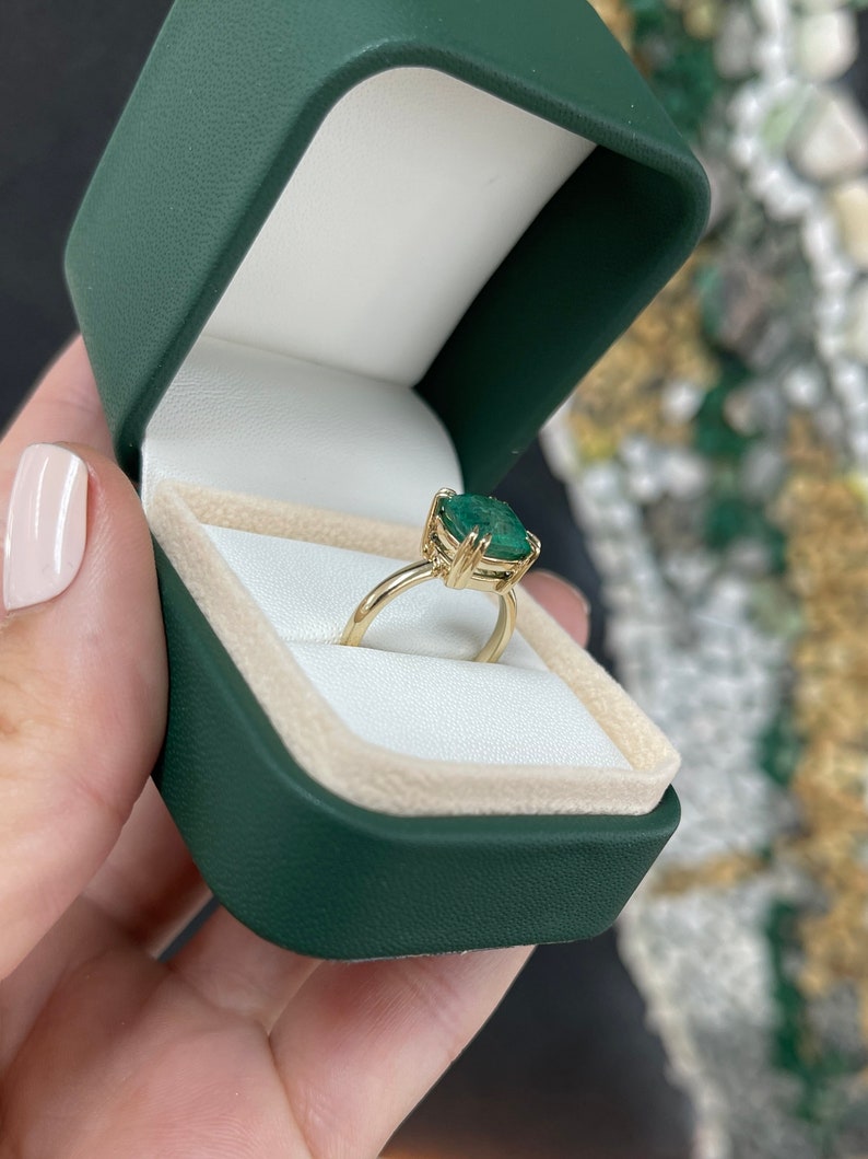 3.65ct 14K Solitaire Medium Dark Green 4 Double Claw Prong Set Cushion Cut Emerald Engagement Ring - JR Colombian Emeralds