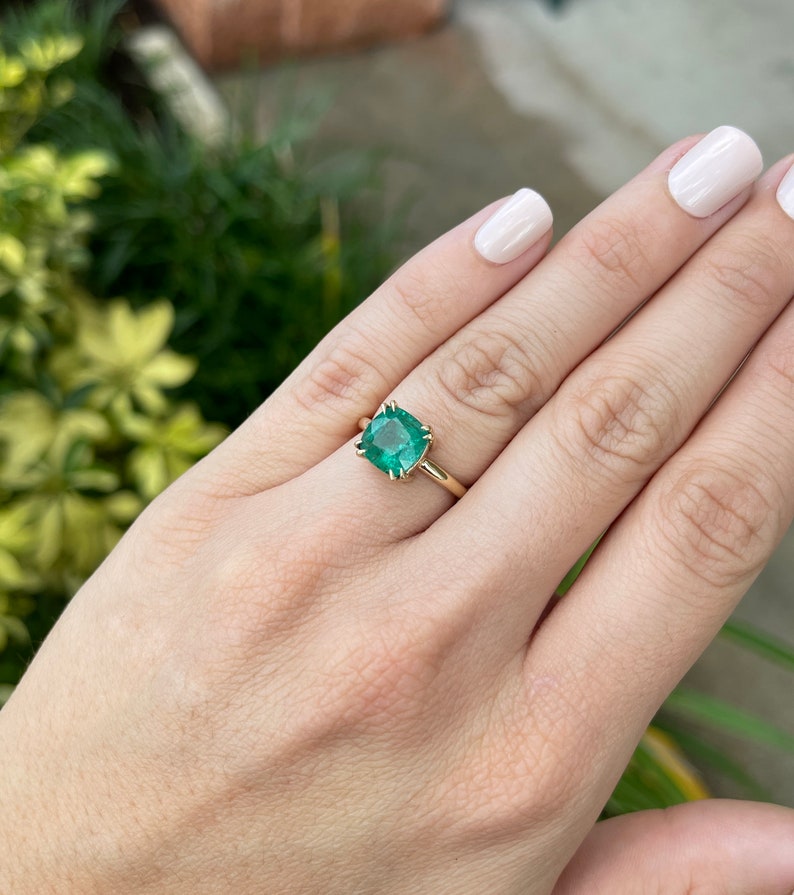 3.65ct 14K Solitaire Medium Dark Green 4 Double Claw Prong Set Cushion Cut Emerald Engagement Ring - JR Colombian Emeralds