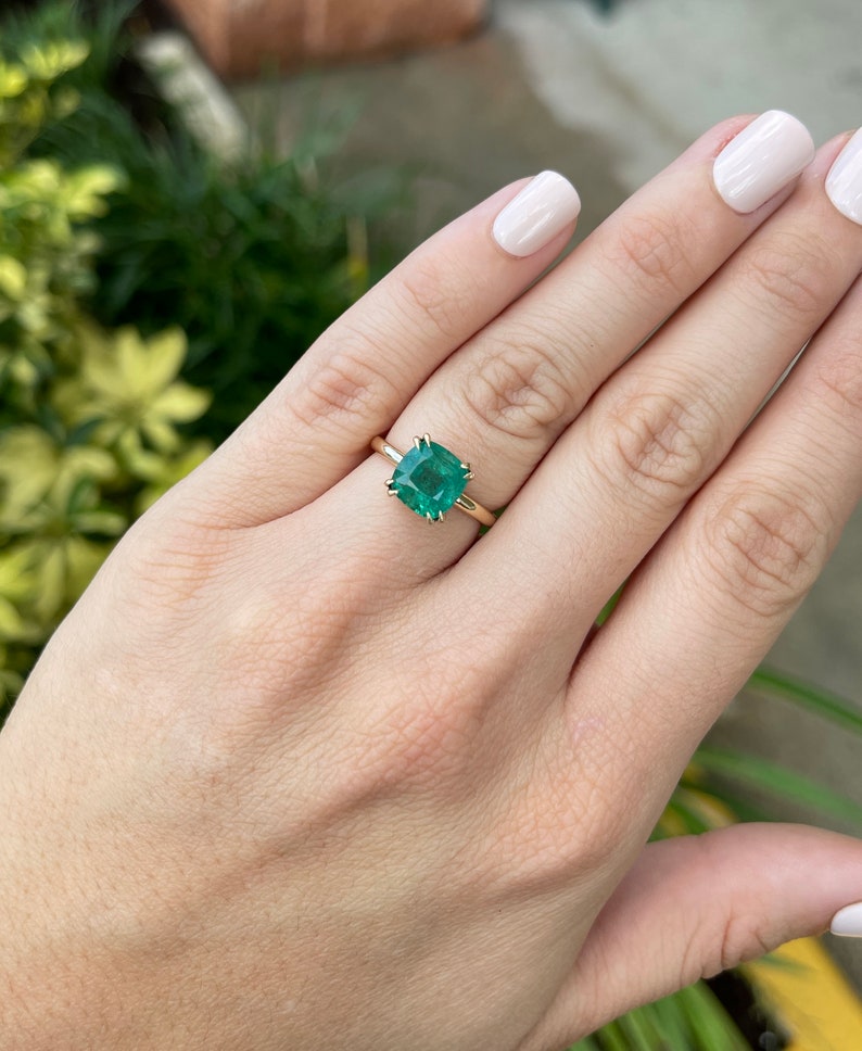 3.65ct 14K Solitaire Medium Dark Green 4 Double Claw Prong Set Cushion Cut Emerald Engagement Ring