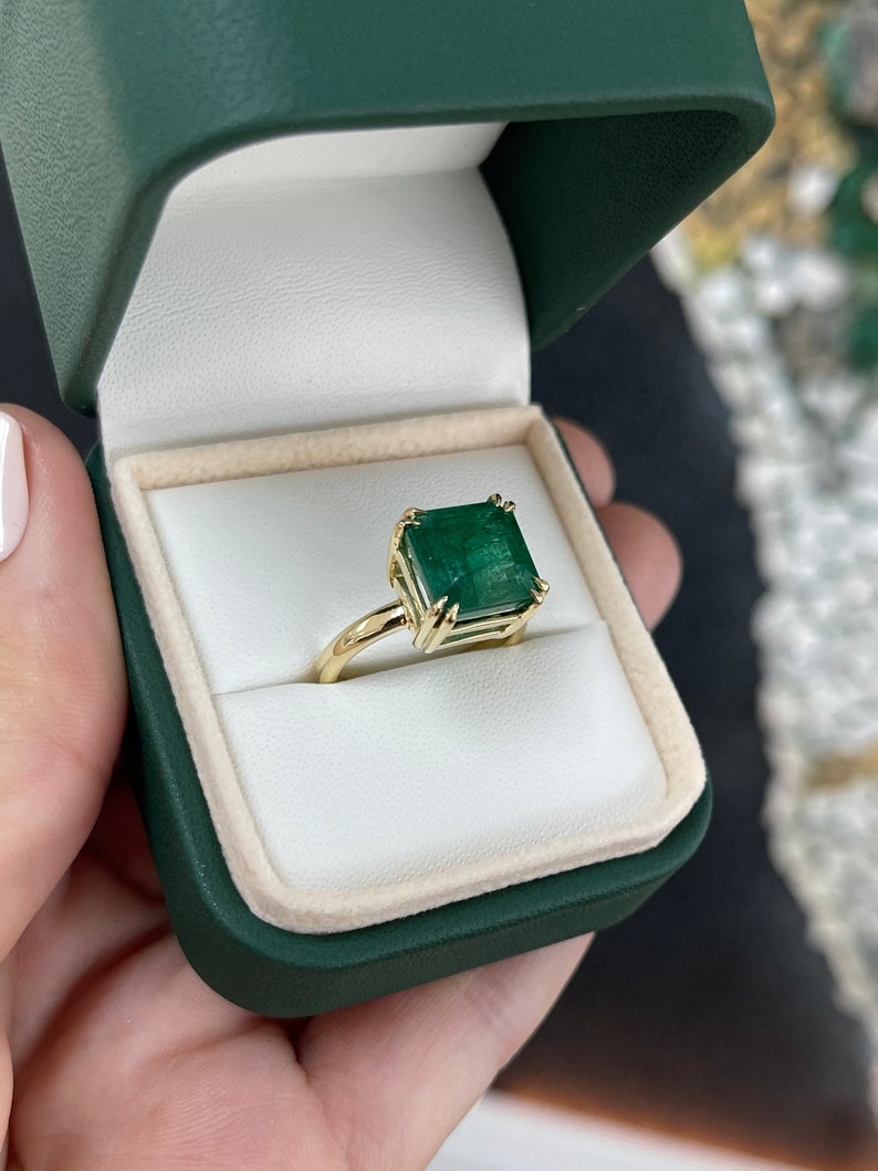 7.0ct Natural Asscher Cut Emerald Solitaire 18K Gold Engagement Ring - JR Colombian Emeralds