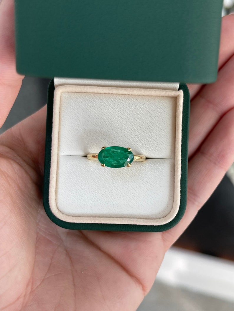 2.71ct 18K Natural East to West Set Oval Cut Dark Forest Green Emerald Prong Set Solitaire Yellow Gold Ring - JR Colombian Emeralds