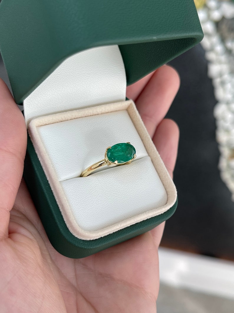 2.71ct 18K Natural East to West Set Oval Cut Dark Forest Green Emerald Prong Set Solitaire Yellow Gold Ring - JR Colombian Emeralds