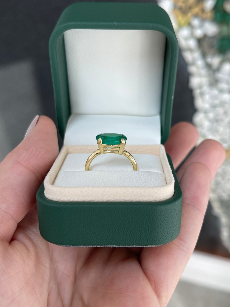 2.71ct 18K Natural East to West Set Oval Cut Dark Forest Green Emerald Prong Set Solitaire Yellow Gold Ring - JR Colombian Emeralds