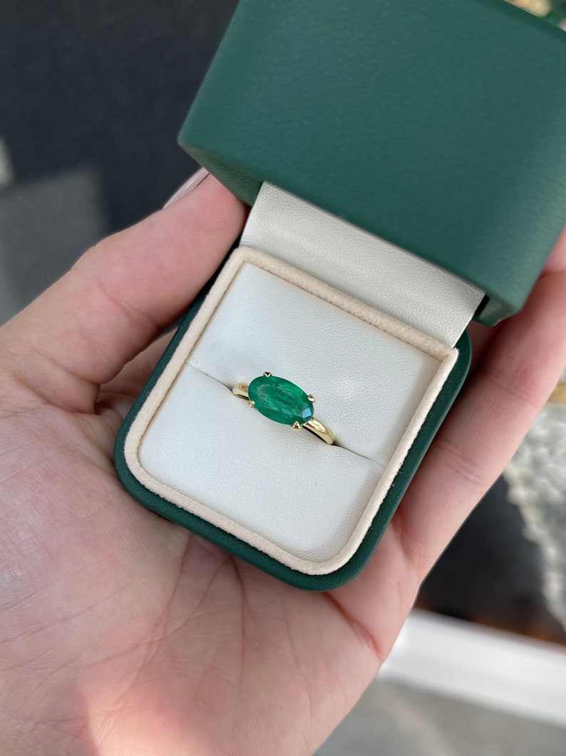 2.71ct 18K Natural East to West Set Oval Cut Dark Forest Green Emerald Prong Set Solitaire Yellow Gold Ring - JR Colombian Emeralds