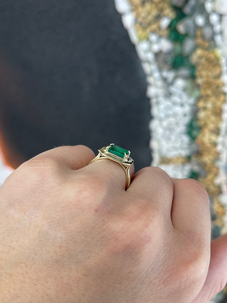 2.30ct 14K Natural East to West Dark Forest Green Emerald Cut Solitaire Yellow Gold Ring - JR Colombian Emeralds