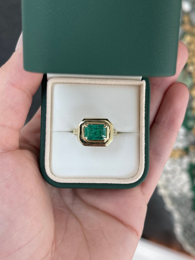 2.30ct 14K Natural East to West Dark Forest Green Emerald Cut Solitaire Yellow Gold Ring - JR Colombian Emeralds